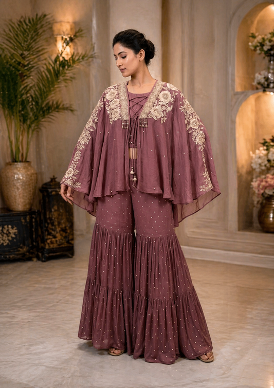 Mauve Hand-Embroidered Cape Co-ord Set with Crop Top & Garara