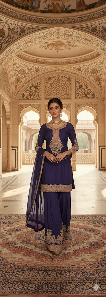 Meher Deep Purple Gharara Set | Apple-Cut Short Kurti with Handwork Detailing | Inara by Javed & Daughters