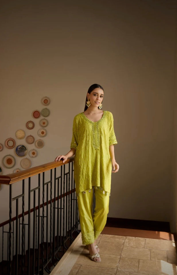 Afghani Style Chikankari Co-ord Set with Mirror Work | Designer Festive Wear