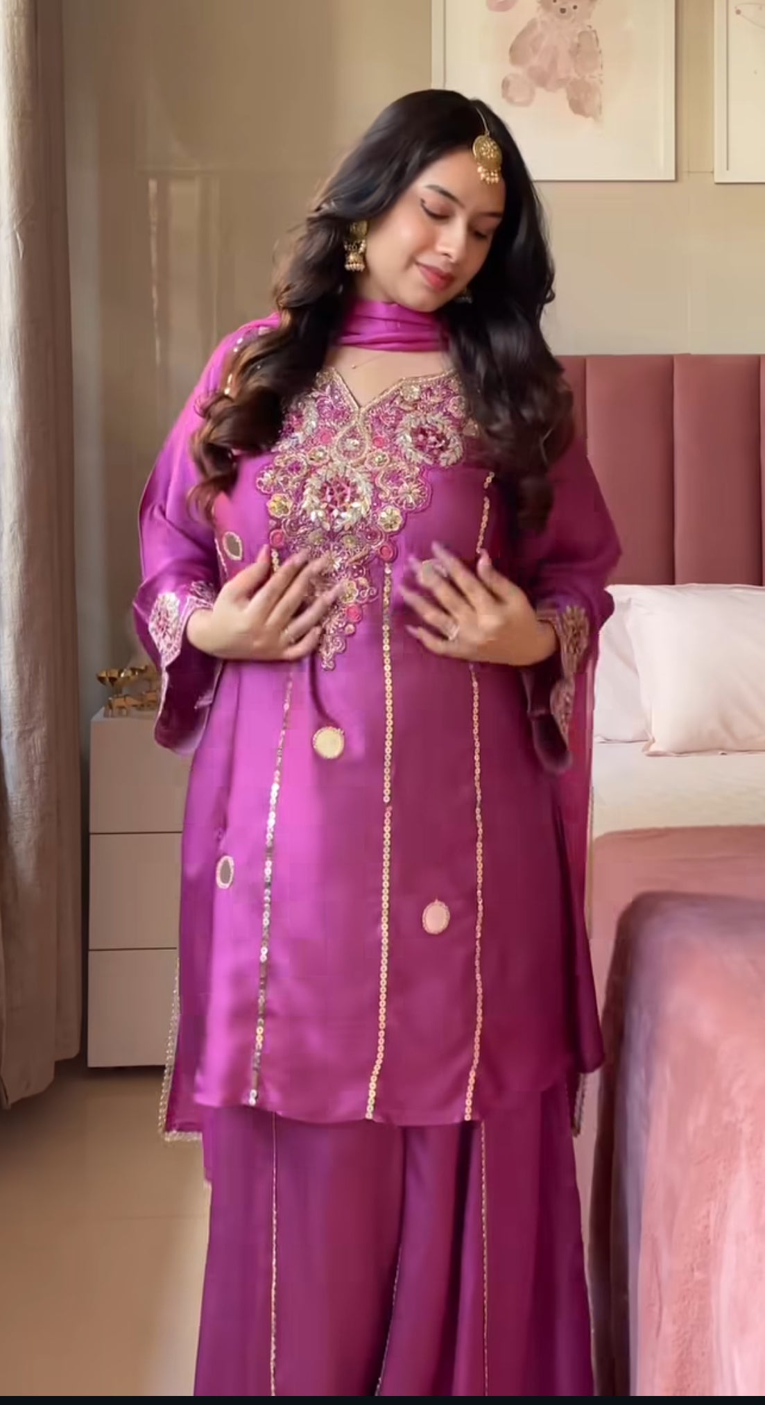 Magenta Crape Gota Mirror Peplum Set