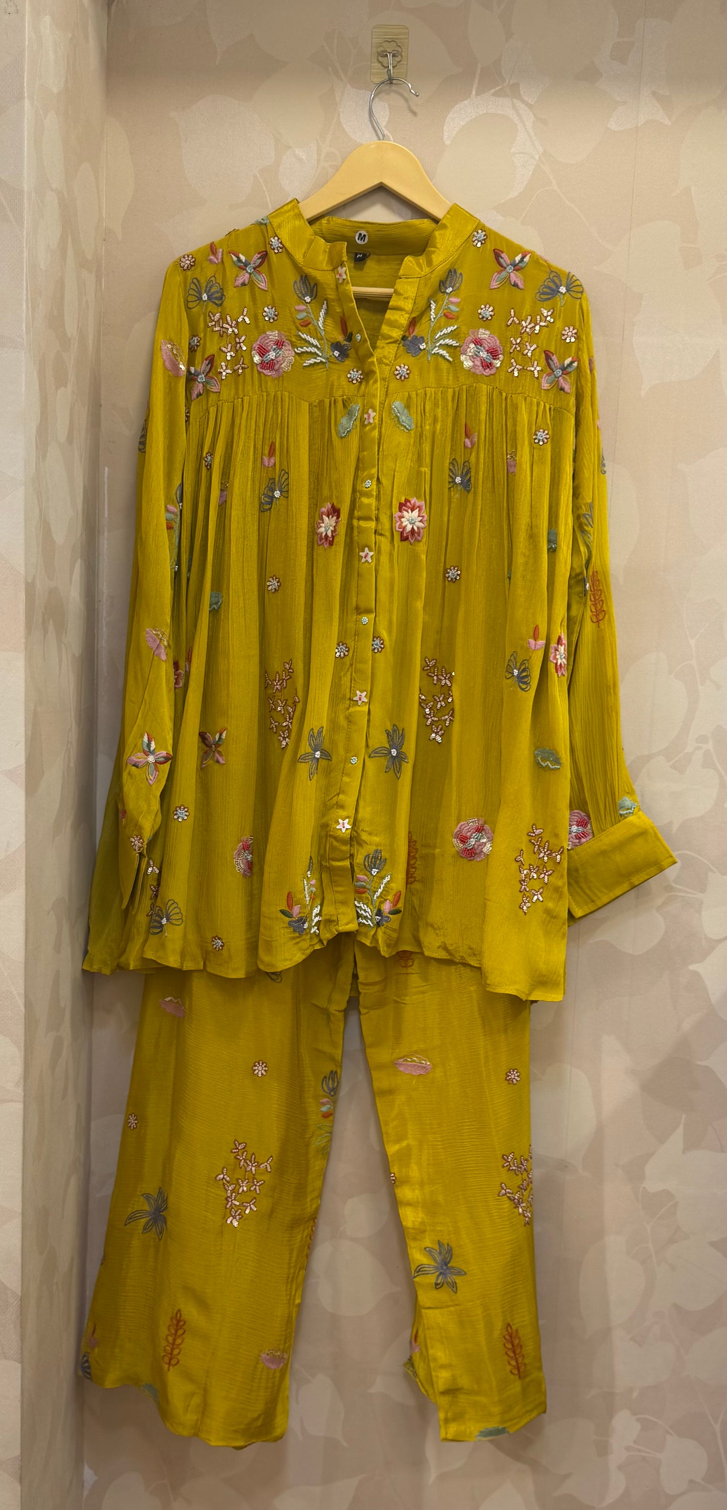 Bestseller — Yellow Pure Chinnon Flared Top Palazzo coord  Set | Multicolour Resham, Pearl & Cutdana Handwork Designer Co-ord by Inara  ✨  Our most loved festive co-ord — where sunshine meets luxury craftsmanship.