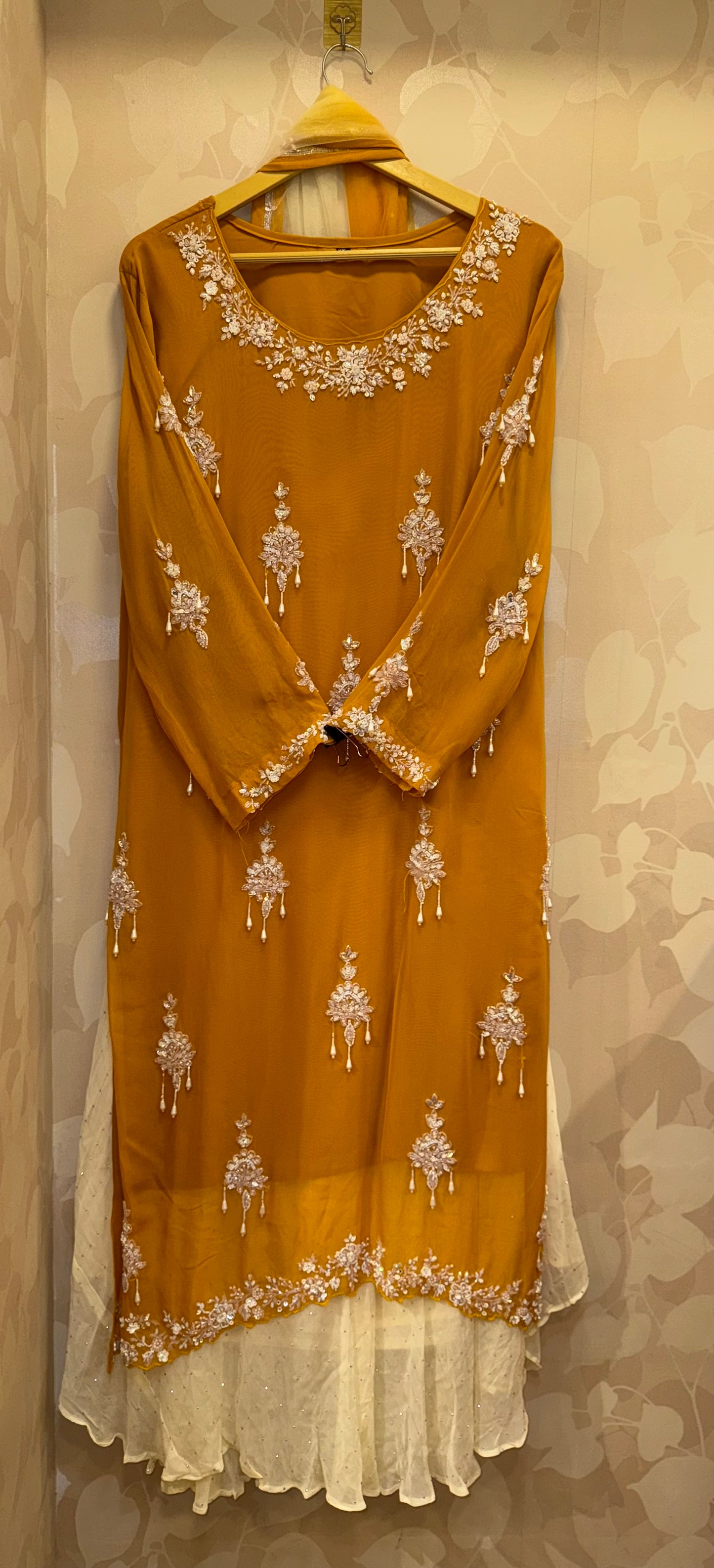 Hand-Embroidered Yellow Kurta, off white Badla Skirt & Ombre Net Dupatta”
