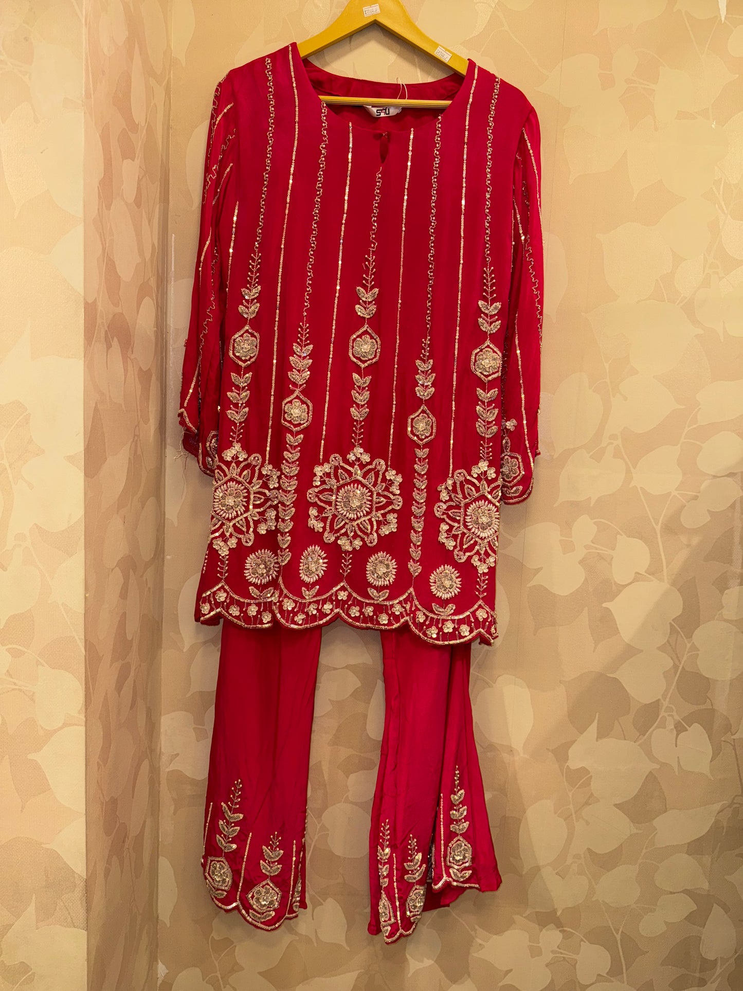 Designer Red Pure Crepe Co-ord Set with Heavy Cutdana Handwork