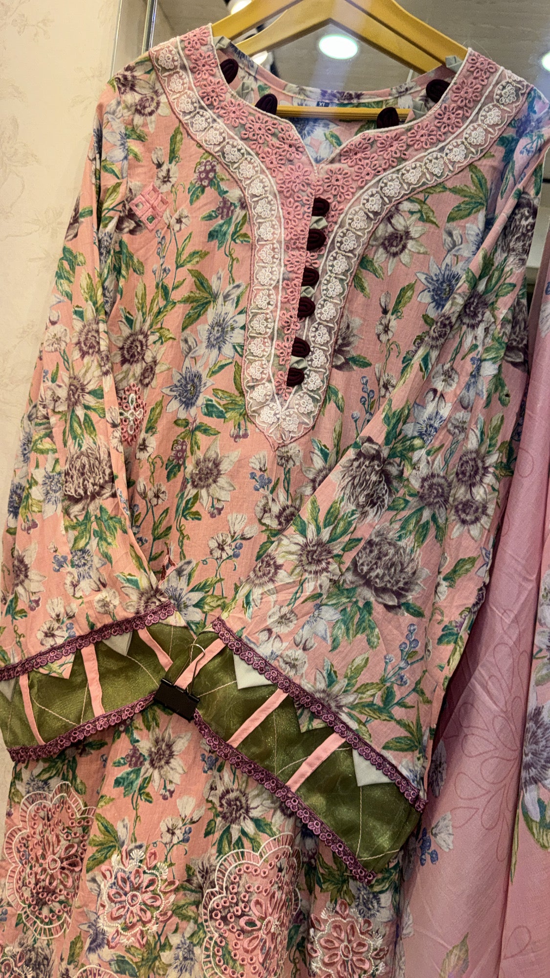 Peach mausaumery style lawn set   Premium Floral Lawn Kurta Set with Embroidered Chiffon Dupatta & Detailed Pants