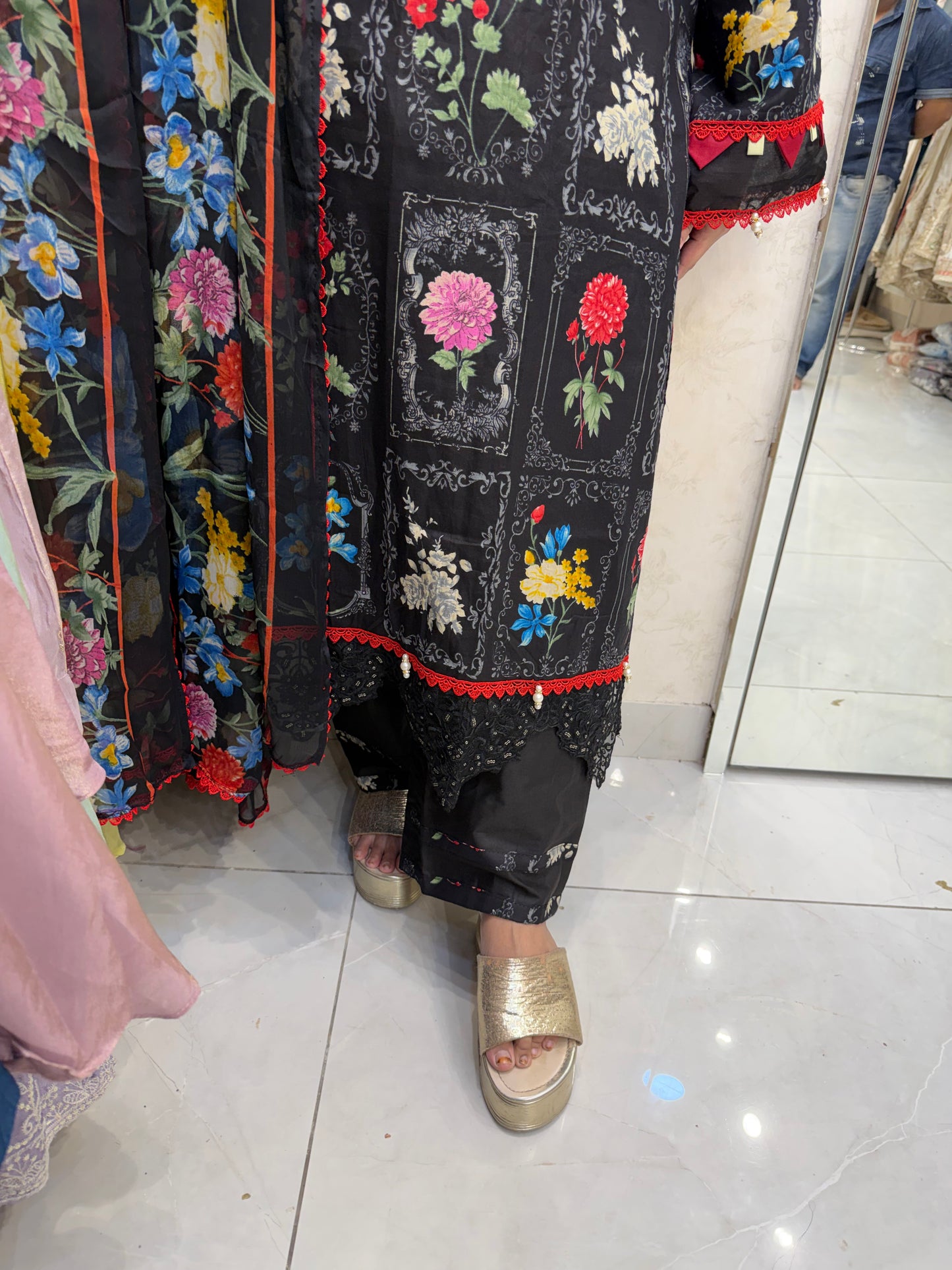 Noir Blush Lawn Set  Black Lawn Suit with Pink Patchwork (cotton dupatta)