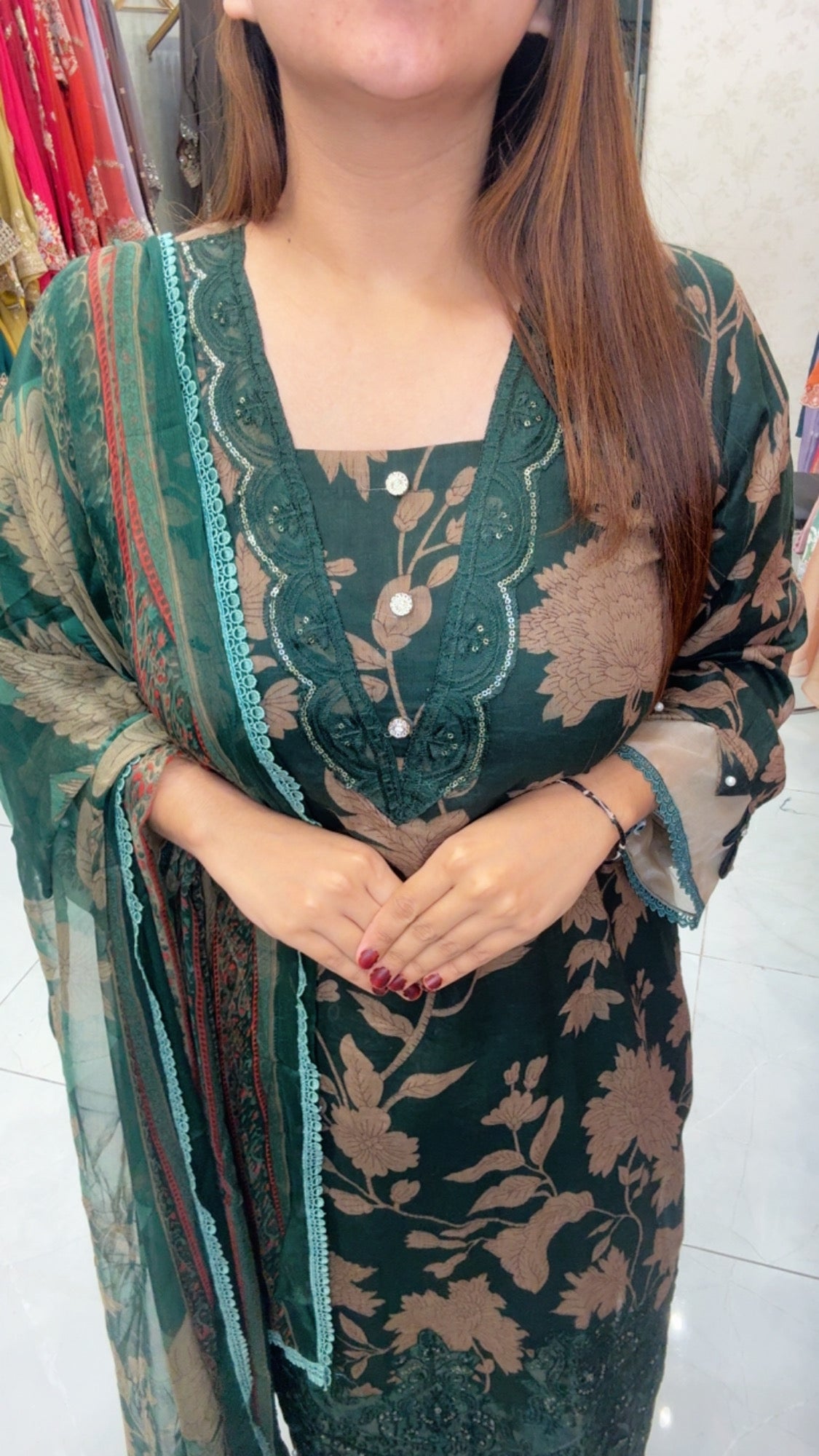 Emerald Bloom Printed Lawn Suit with Embroidered Neckline & Statement Dupatta   (chiffon dupatta)