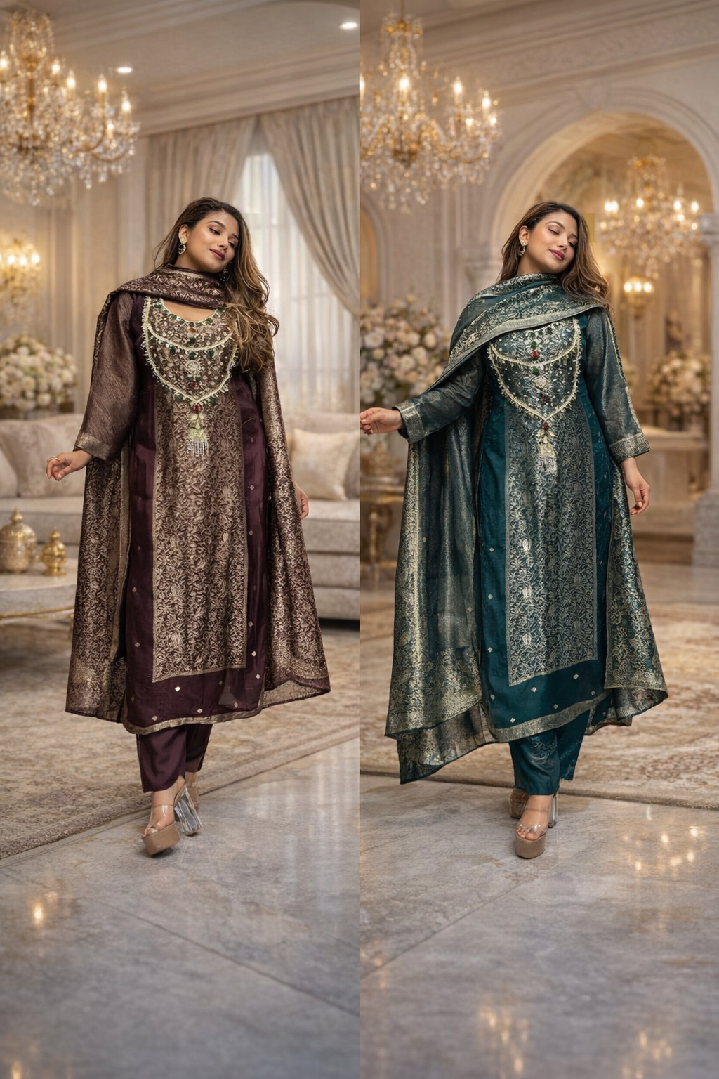 Jacquard Banarasi Suit Set with Jewel Handwork – Wine & Teal Blue