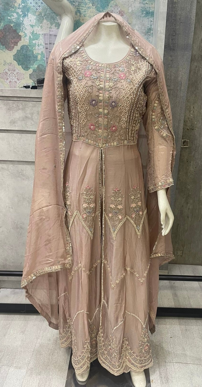 Noorika A-Line Anarkali Set | Hand Embroidered Front Slit Anarkali with Pearl & Cutdana Work (Off White & Pink)