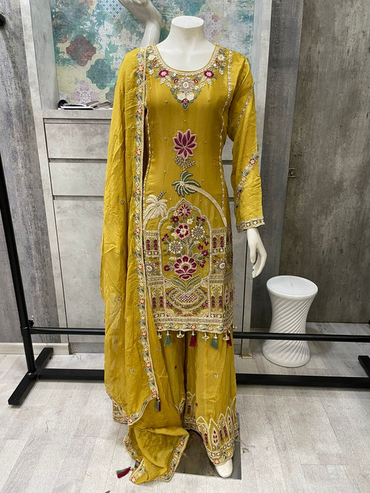 Gulbahaar  Sharara Set | Mustard Yellow Multi Floral Handwork Sharara with Cutdana & Latkan Details