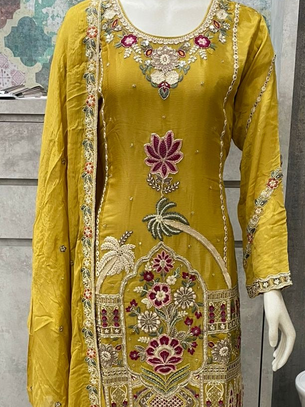 Gulbahaar  Sharara Set | Mustard Yellow Multi Floral Handwork Sharara with Cutdana & Latkan Details