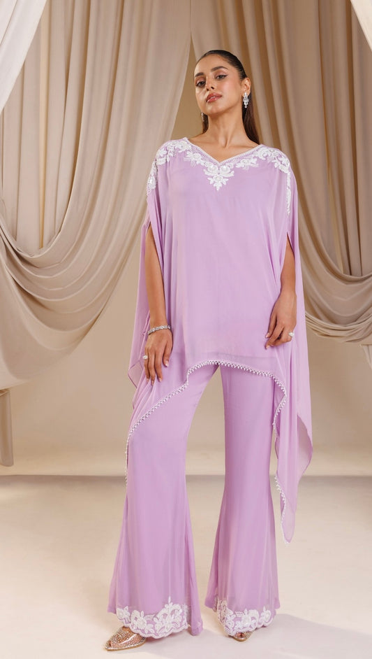 Lavender Luxe – Lilac Indo-Western Cape Kaftan Set with Bootcut Pants