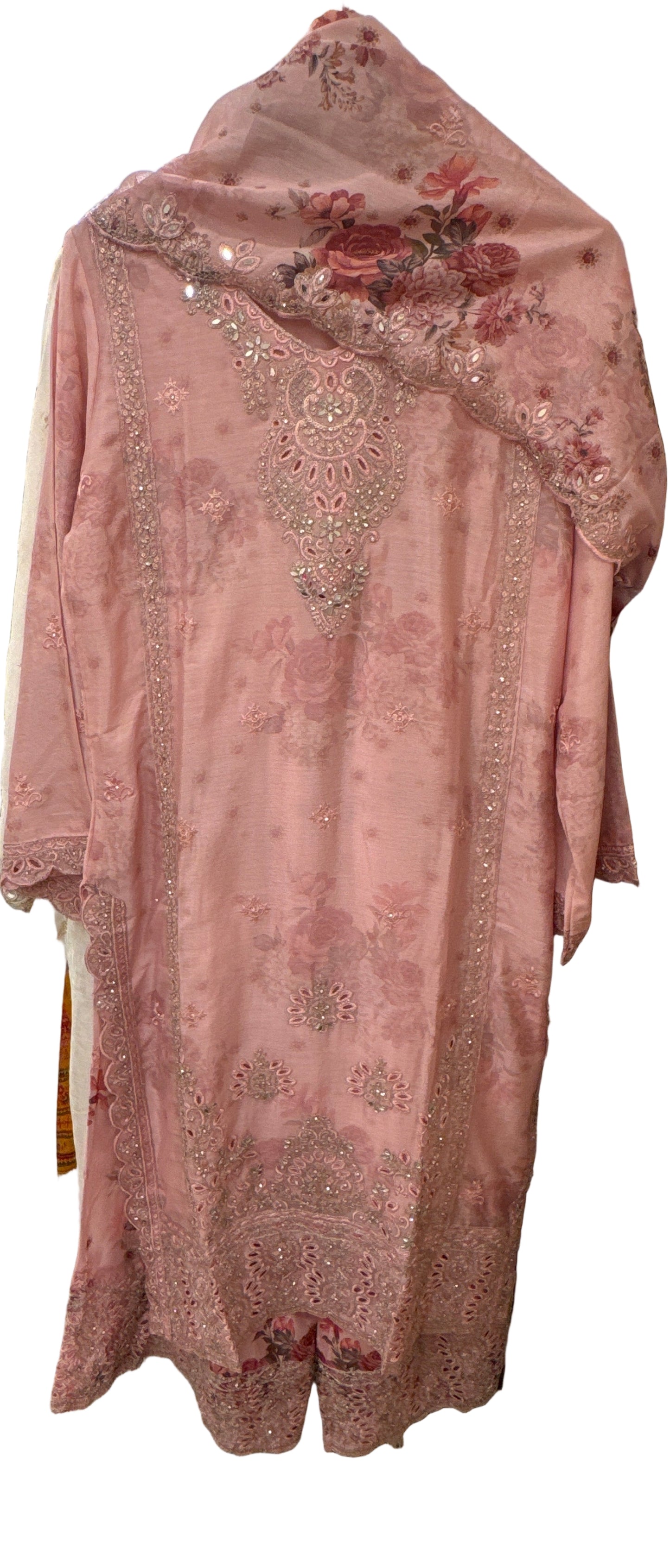Meherbaan collection dn:- 002 Peachish Pink Chinnon Embroidered Mirror Work Palazzo Kurta Set   . Where floral charm meets timeless craftsmanship.