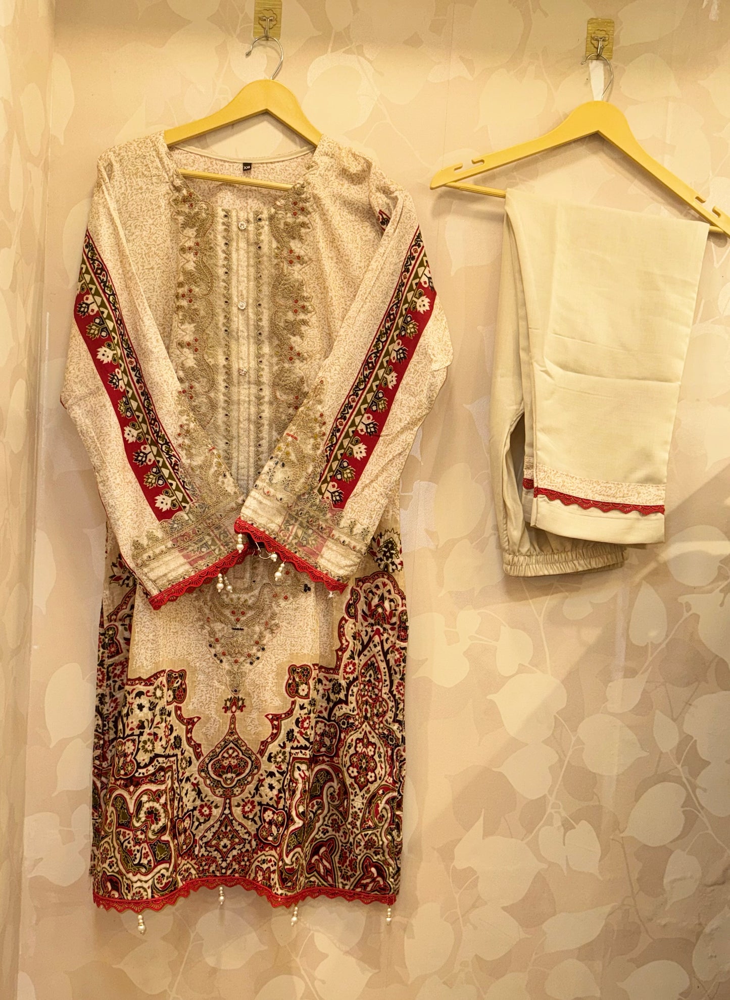 Beige & Red Pakistani Lawn Suit | Elegant Embroidered 3-Piece Designer Dress by Inara
