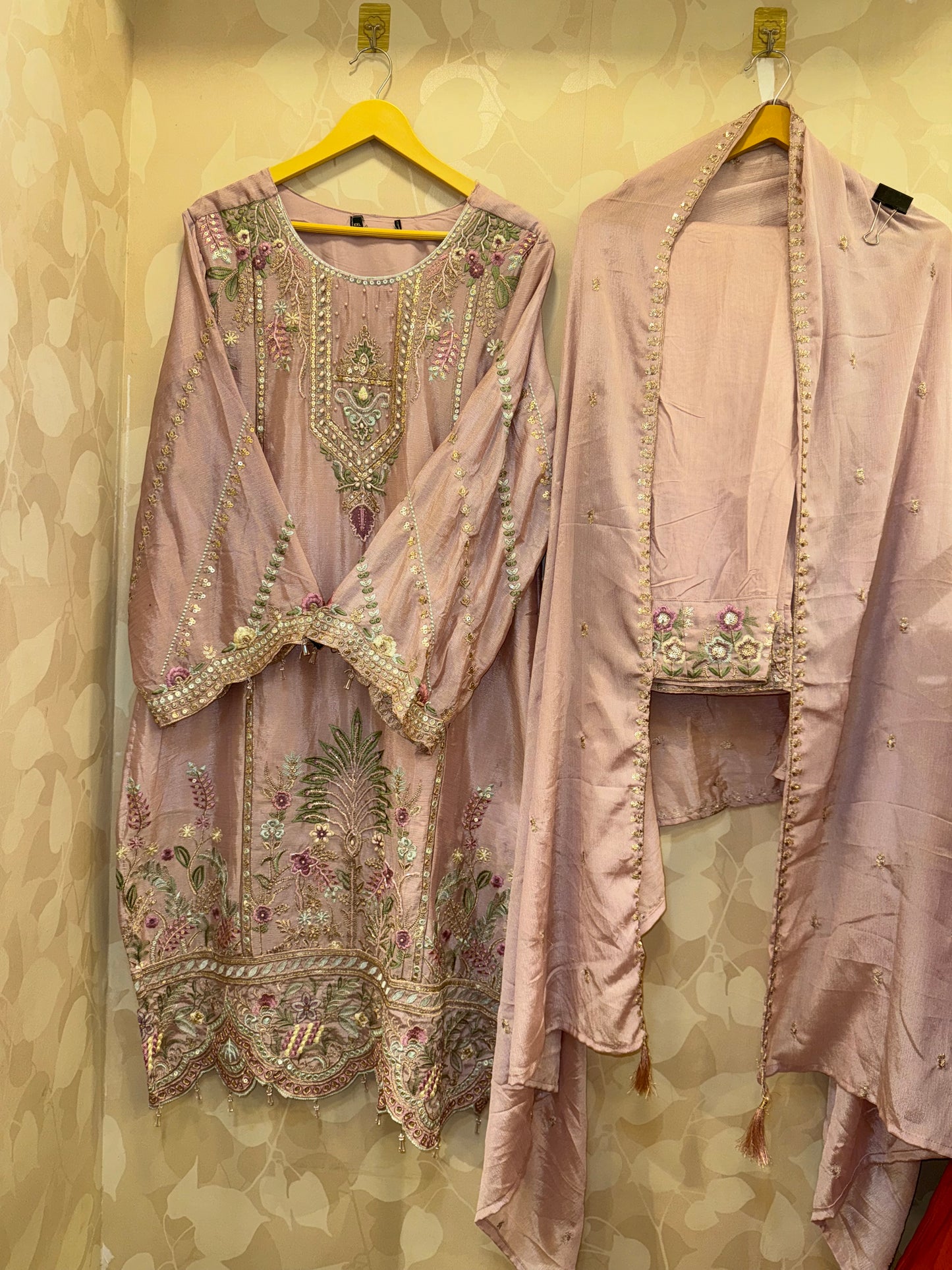 Gul – Pure Chinnon Embroidered Kurta Set (Onion Pink & Pista Green)