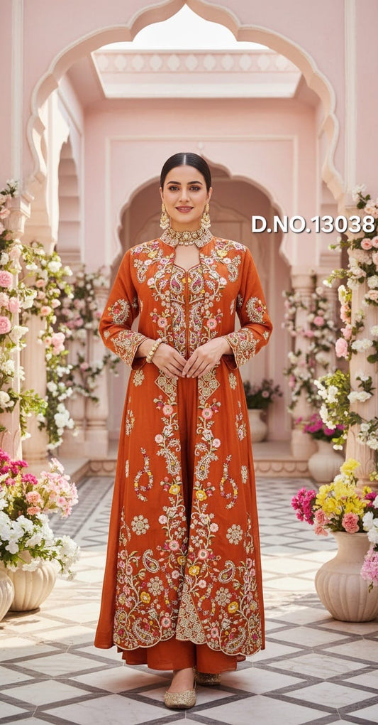 Soft crape Flared Palazzo with V-Cross Cut Top & jacket featuring Pearl, Zardozi & Shell detailing