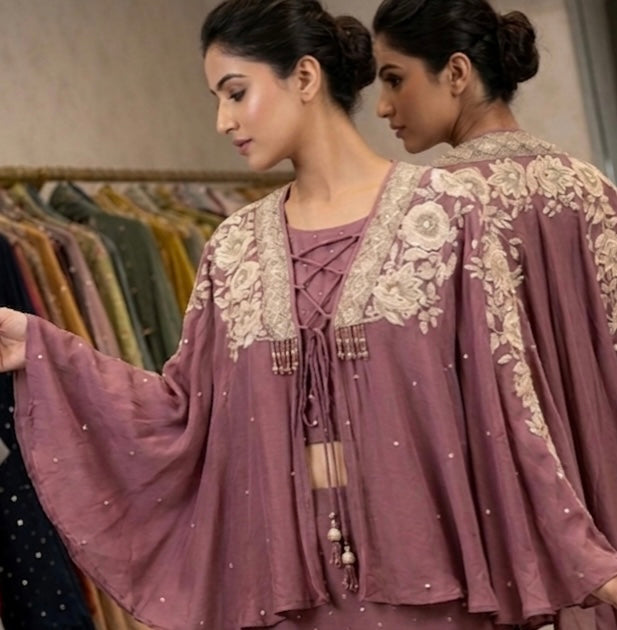 Mauve Hand-Embroidered Cape Co-ord Set with Crop Top & Garara