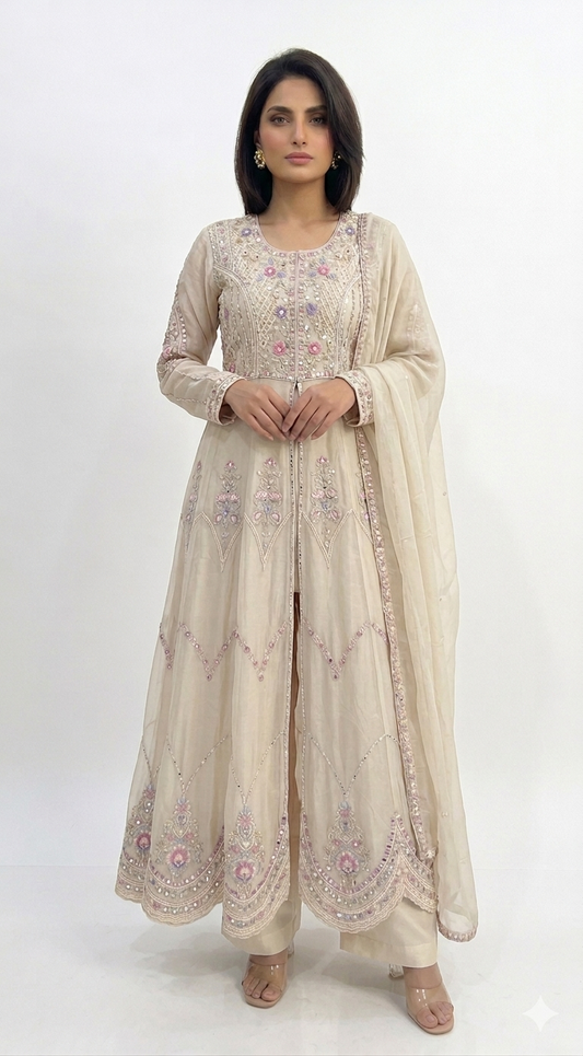 Noorika A-Line Anarkali Set | Hand Embroidered Front Slit Anarkali with Pearl & Cutdana Work (Off White & Pink)