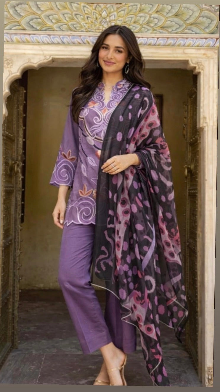 Celeb inspired Purple Embroidered Cotton Farshi Salwar Set with Printed Dupatta