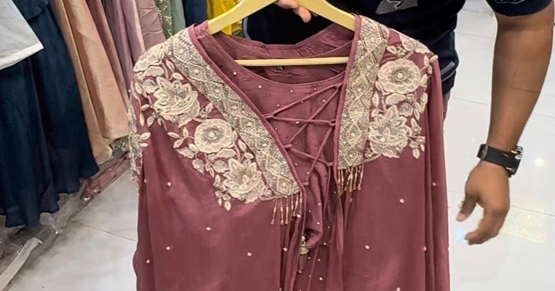 Mauve Hand-Embroidered Cape Co-ord Set with Crop Top & Garara