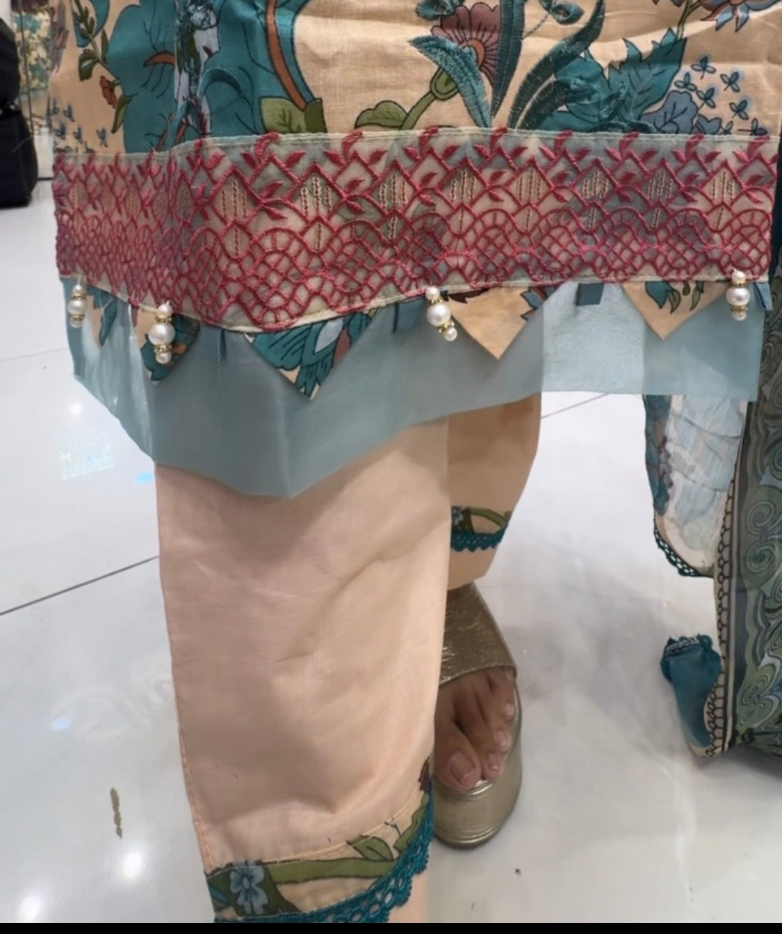 Peach mausaumery style lawn set   Premium Floral Lawn Kurta Set with Embroidered Chiffon Dupatta & Detailed Pants