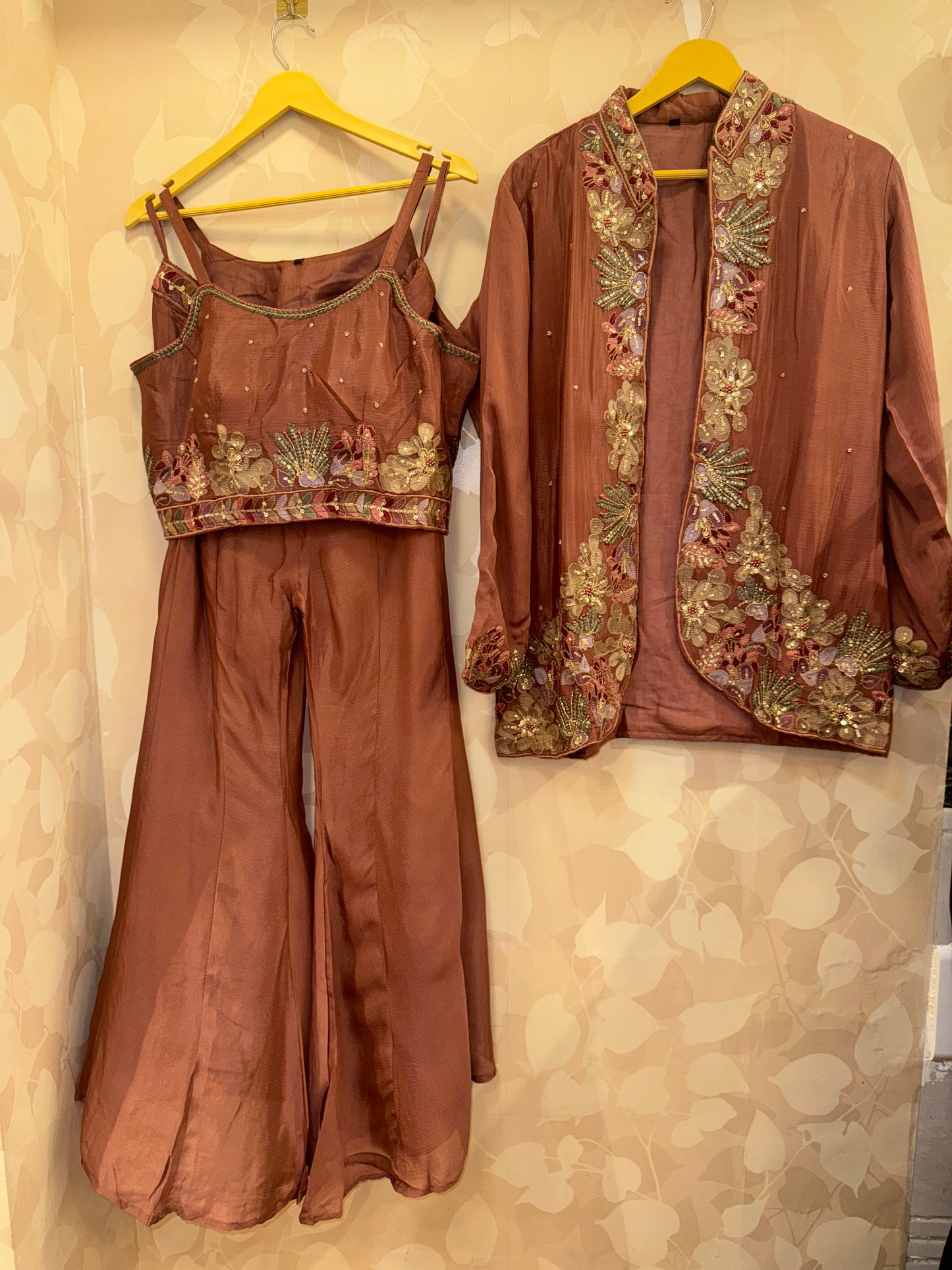Brown Pure Chinnon Embroidered Blazer Sharara Set | 3-Piece Designer Outfit with Floral Handwork by Inara