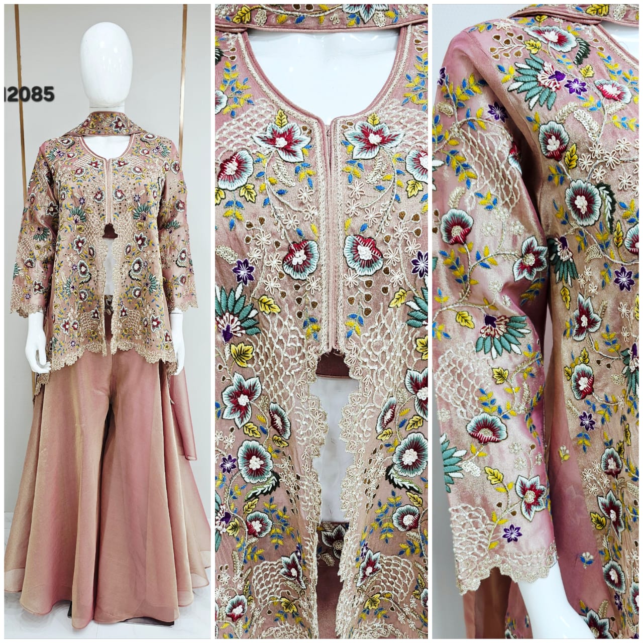 Pure Kanjivaram Tissue Peplum Jacket Set with Flared Sharara & Dupatta