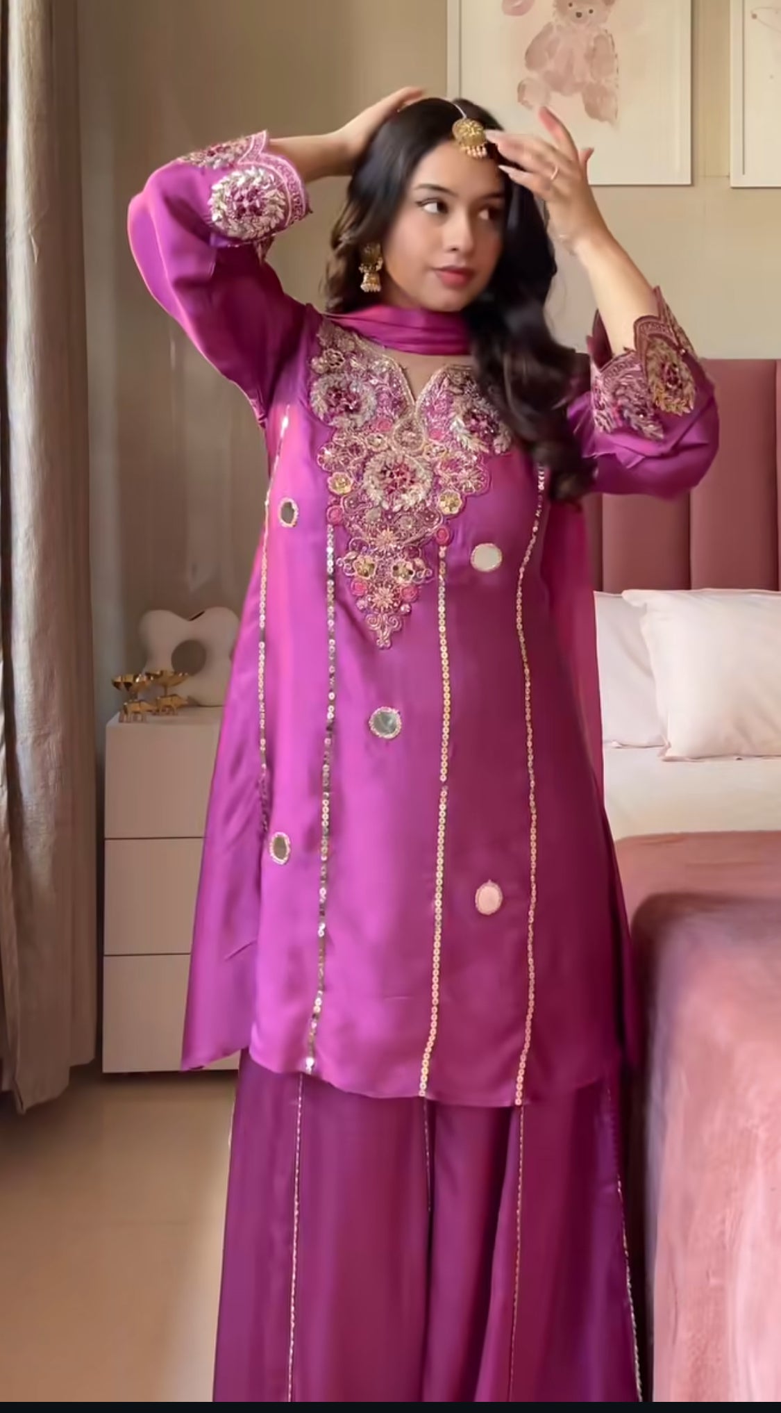 Magenta Crape Gota Mirror Peplum Set