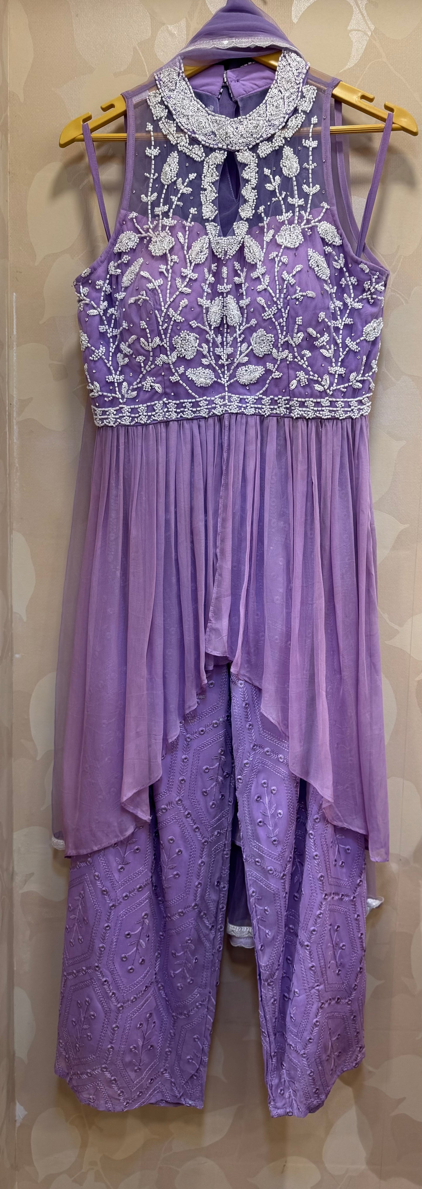 Lavender Enchanté – Peplum Viscose Top with Embroidered Palazzo & Pearl Detailing