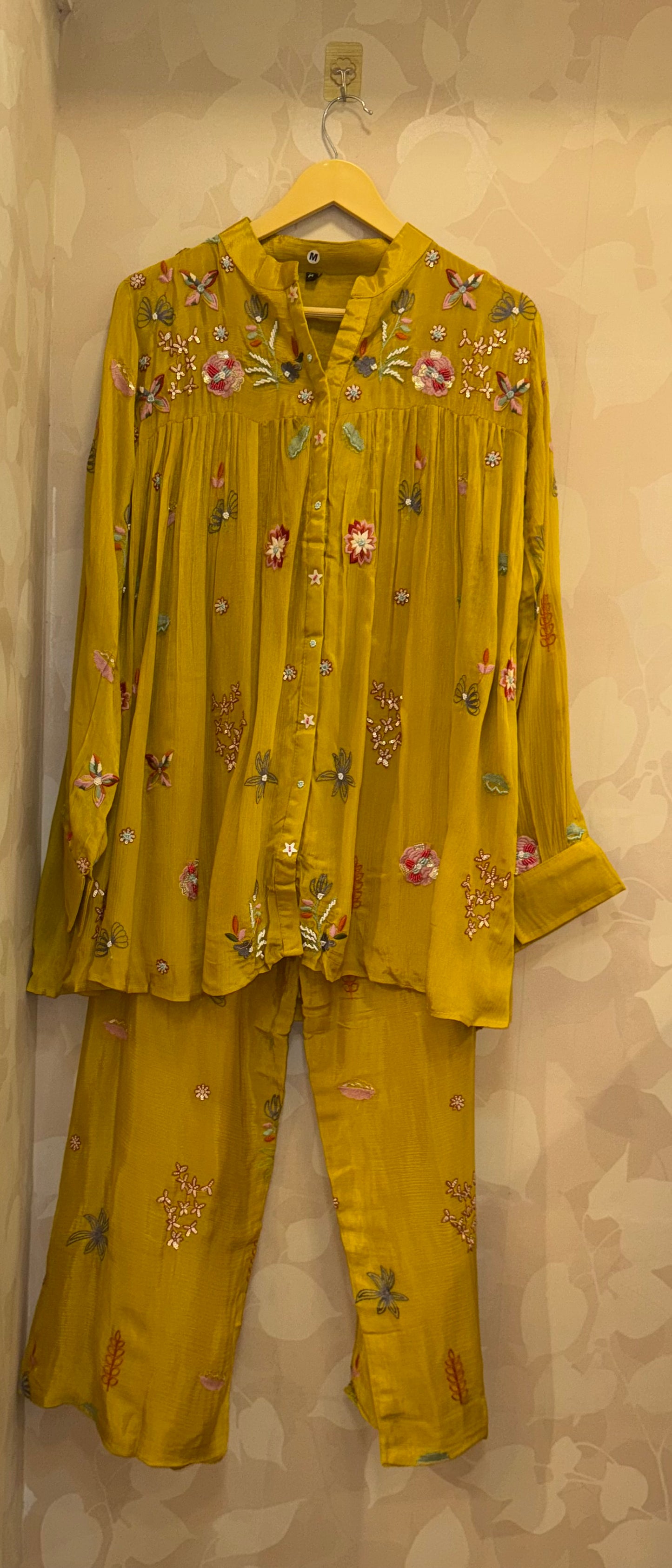 Bestseller — Yellow Pure Chinnon Flared Top Palazzo coord  Set | Multicolour Resham, Pearl & Cutdana Handwork Designer Co-ord by Inara  ✨  Our most loved festive co-ord — where sunshine meets luxury craftsmanship.