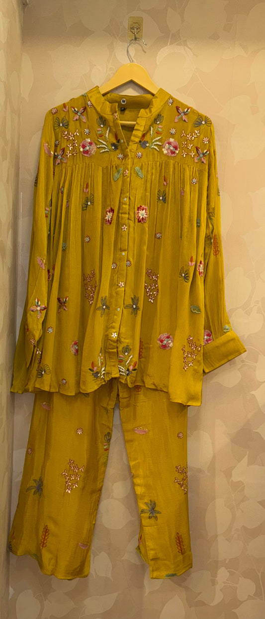Bestseller — Yellow Pure Chinnon Flared Top Palazzo coord  Set | Multicolour Resham, Pearl & Cutdana Handwork Designer Co-ord by Inara  ✨  Our most loved festive co-ord — where sunshine meets luxury craftsmanship.