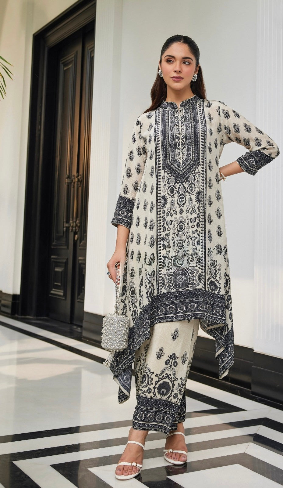 Classic Off-White Pure Crepe A-Line Co-ord Set with Black Print & Stone Highlights