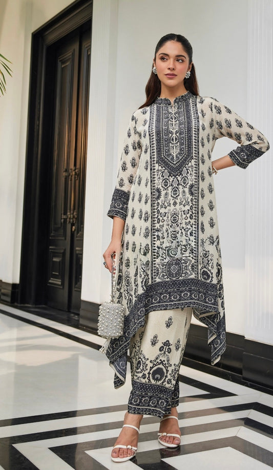 Classic Off-White Pure Crepe A-Line Co-ord Set with Black Print & Stone Highlights