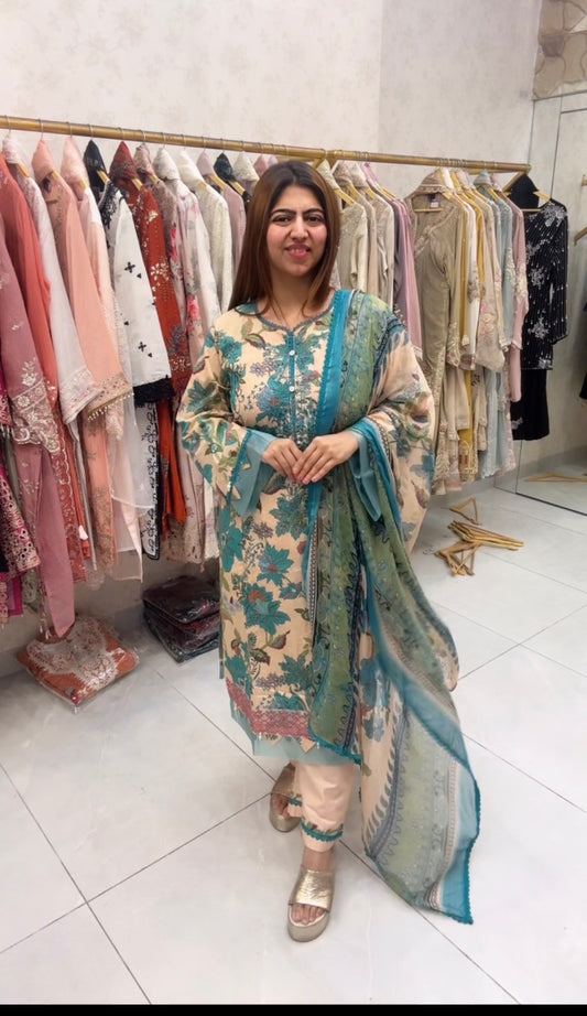 Peach mausaumery style lawn set   Premium Floral Lawn Kurta Set with Embroidered Chiffon Dupatta & Detailed Pants