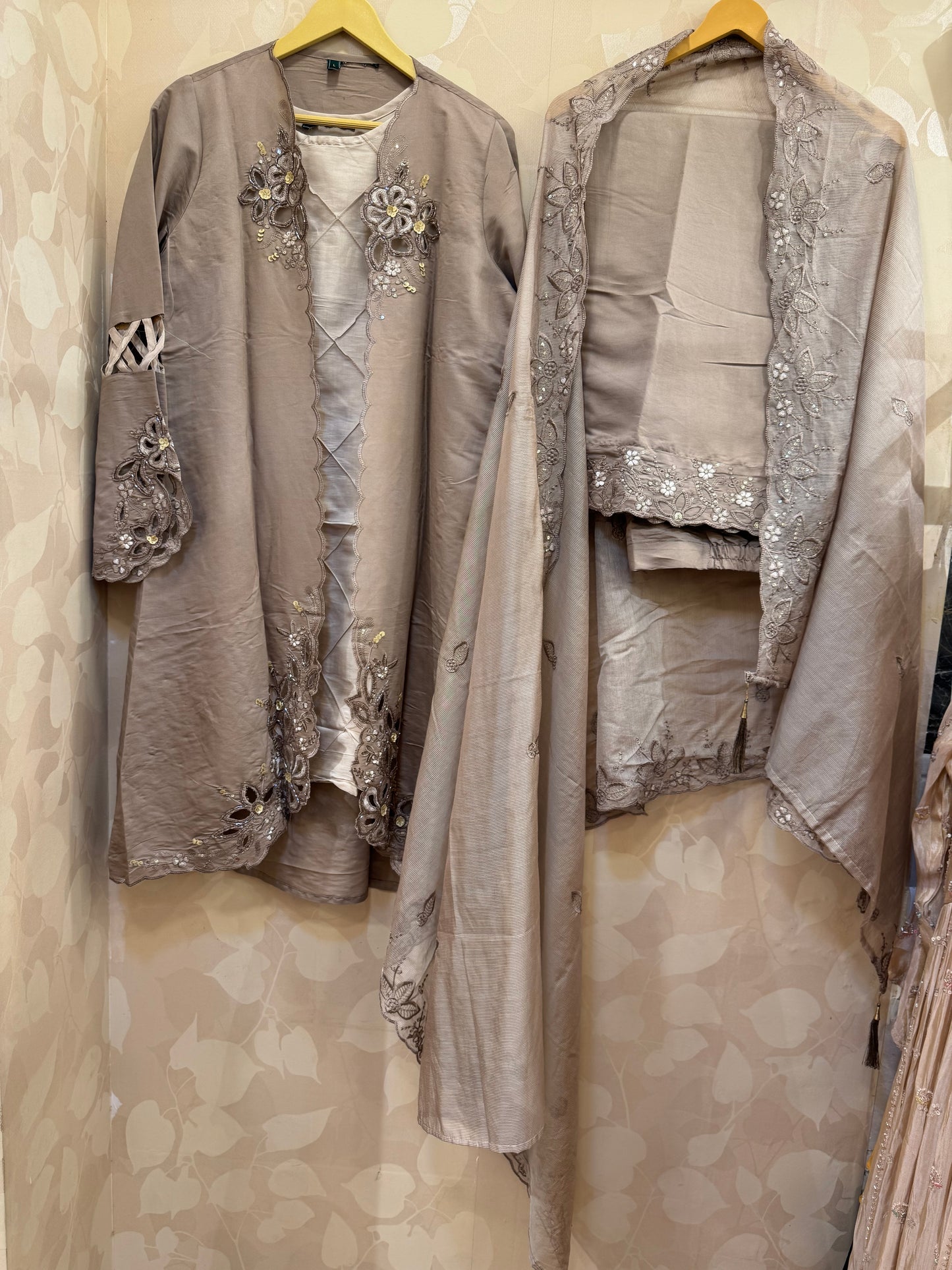 Chikoo Handcrafted Cutwork Jacket with Pants & Sheer Organza Dupatta