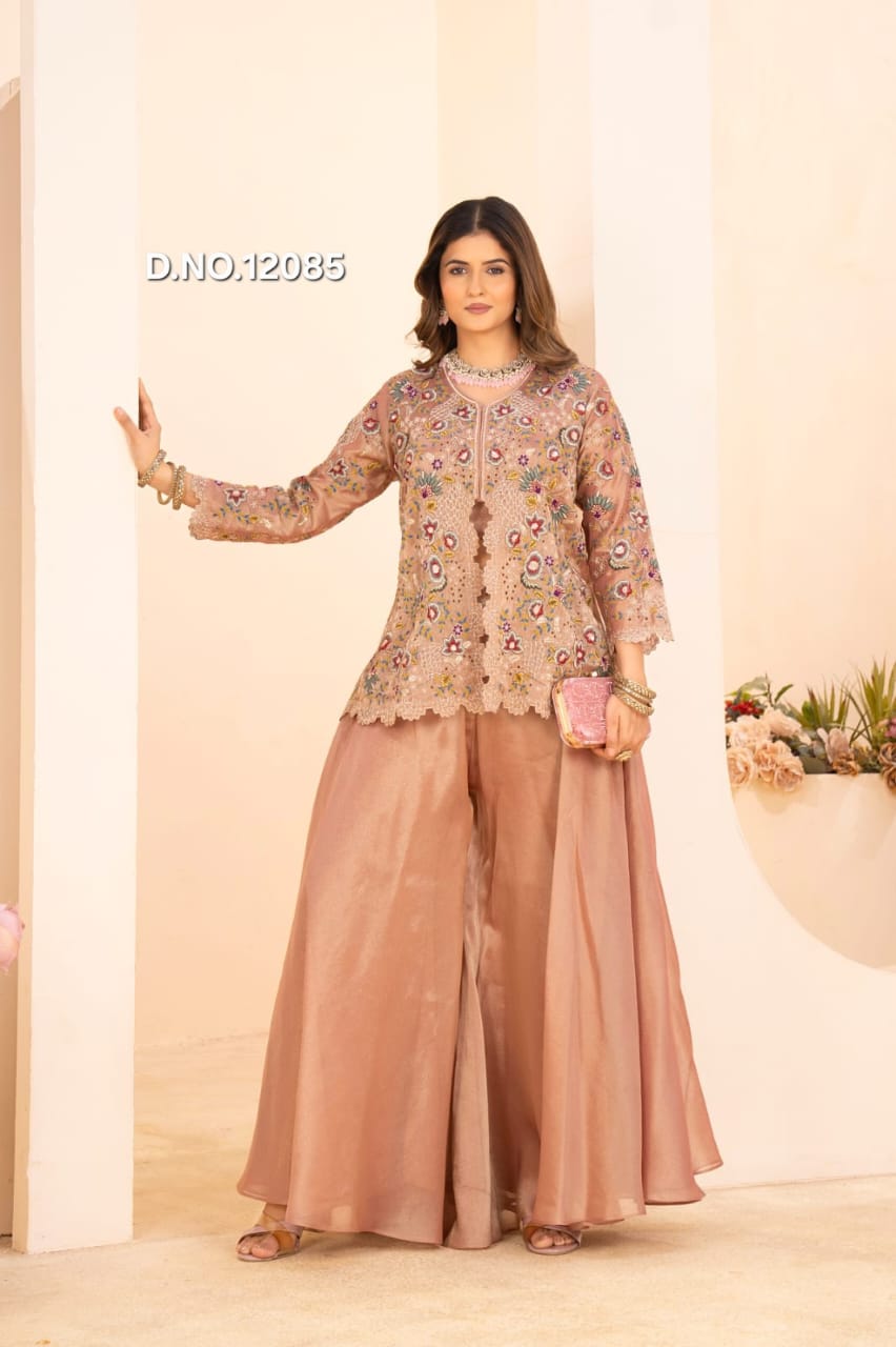 Pure Kanjivaram Tissue Peplum Jacket Set with Flared Sharara & Dupatta