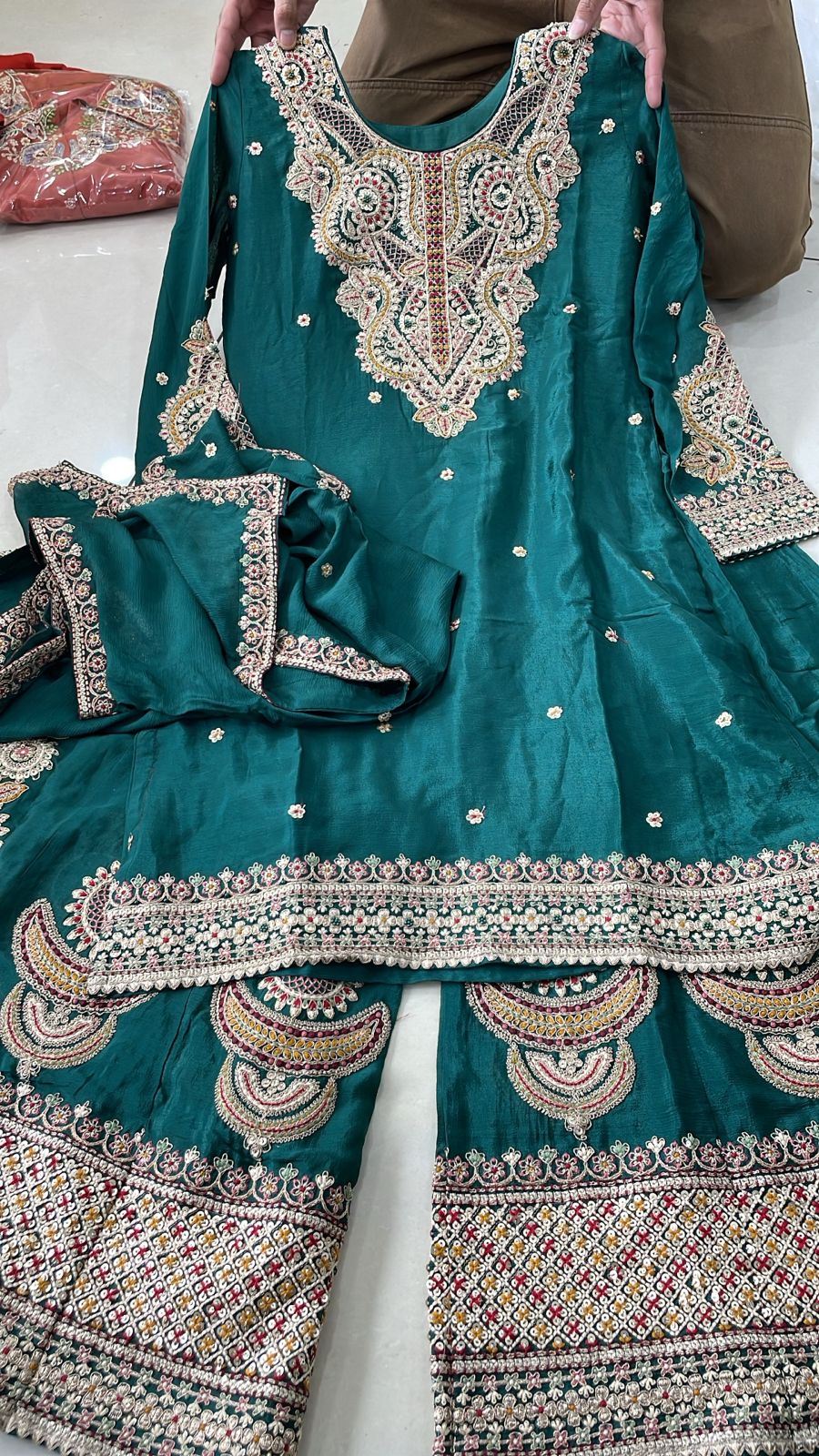 Bottle Green Chinon Kurta Set with Flared Palazzo & Beige-Gold Hand Embroidery