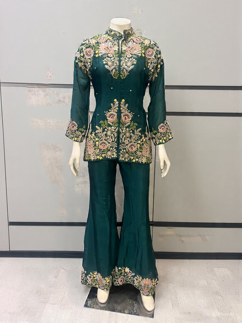 Bottle green handwork coord set