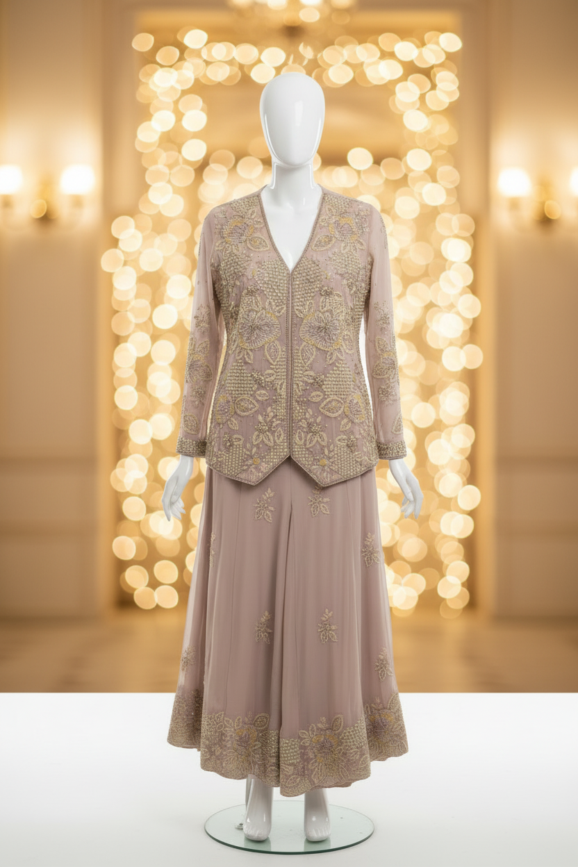 Blush Pink & Milky White Embroidered Co-ord Set – Designer Top with Palazzo | Luxury Festive Wear by Inara