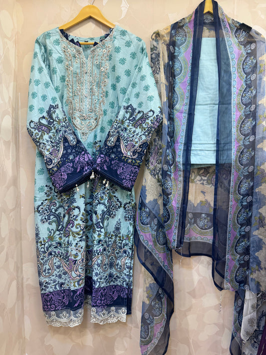 "The luxe bloom" - Azure Grace Lawn Set( chiffon dupatta)