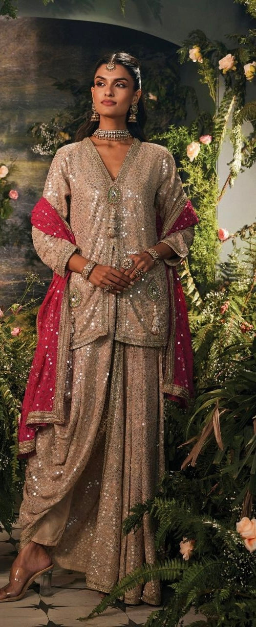 Celebrity Recreation Pre-Draped Cowl Pant Set with Jewel Work & Contrast Dupatta