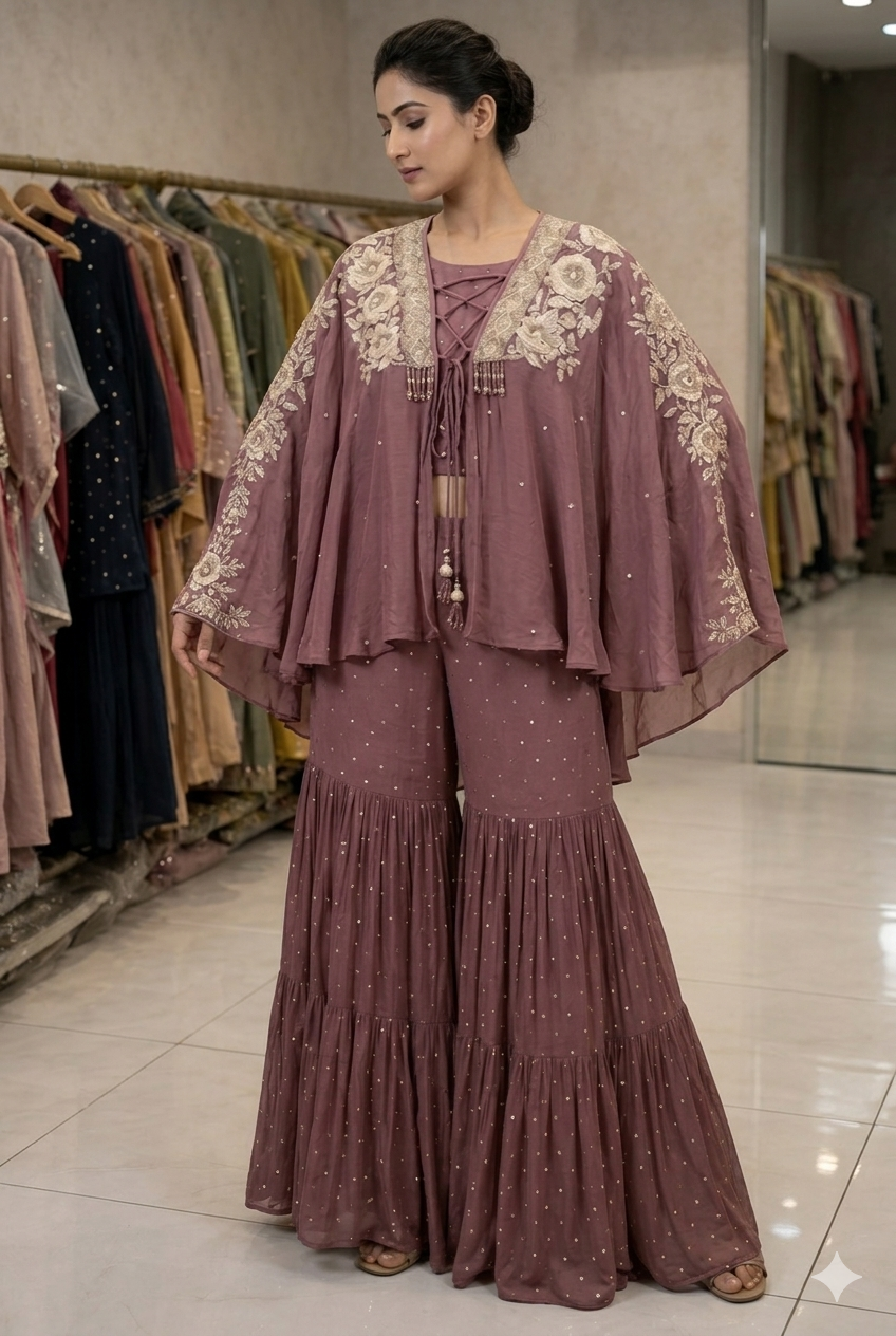 Mauve Hand-Embroidered Cape Co-ord Set with Crop Top & Garara