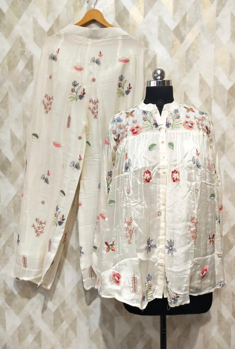 Bestseller — Pure Chinnon Flared Top Palazzo coord  Set | Multicolour Resham, Pearl & Cutdana Handwork Designer Co-ord by Inara  ✨  Our most loved festive co-ord — where sunshine meets luxury craftsmanship.