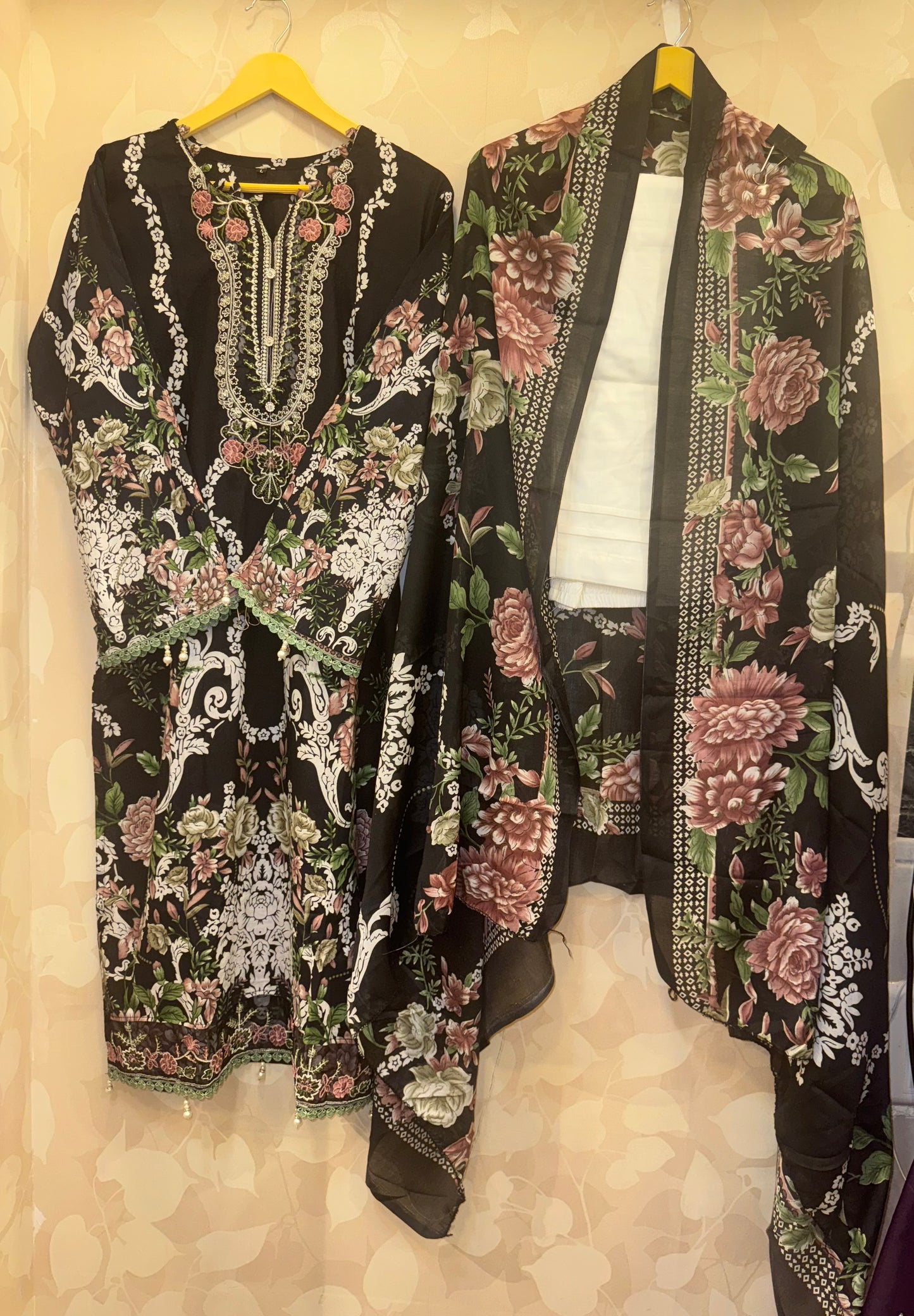 Noir Blush Lawn Set  Black Lawn Suit with Pink Patchwork (cotton dupatta)