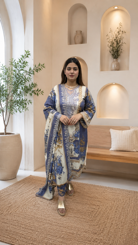 003 needle wonder powder blue with mustard and beige ensemble