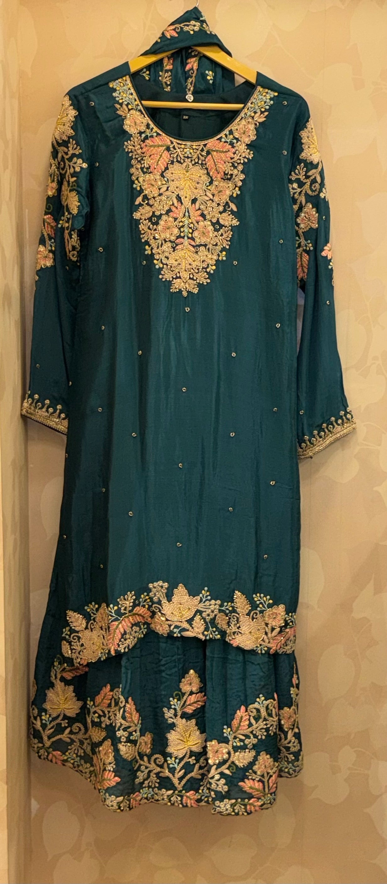 Zehra Bottle Green Gharara Kurta Set | Multi-Floral Embroidery with Hand Touch-Up | Inara by Javed & Daughters