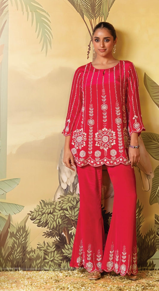 Designer Red Pure Crepe Co-ord Set with Heavy Cutdana Handwork