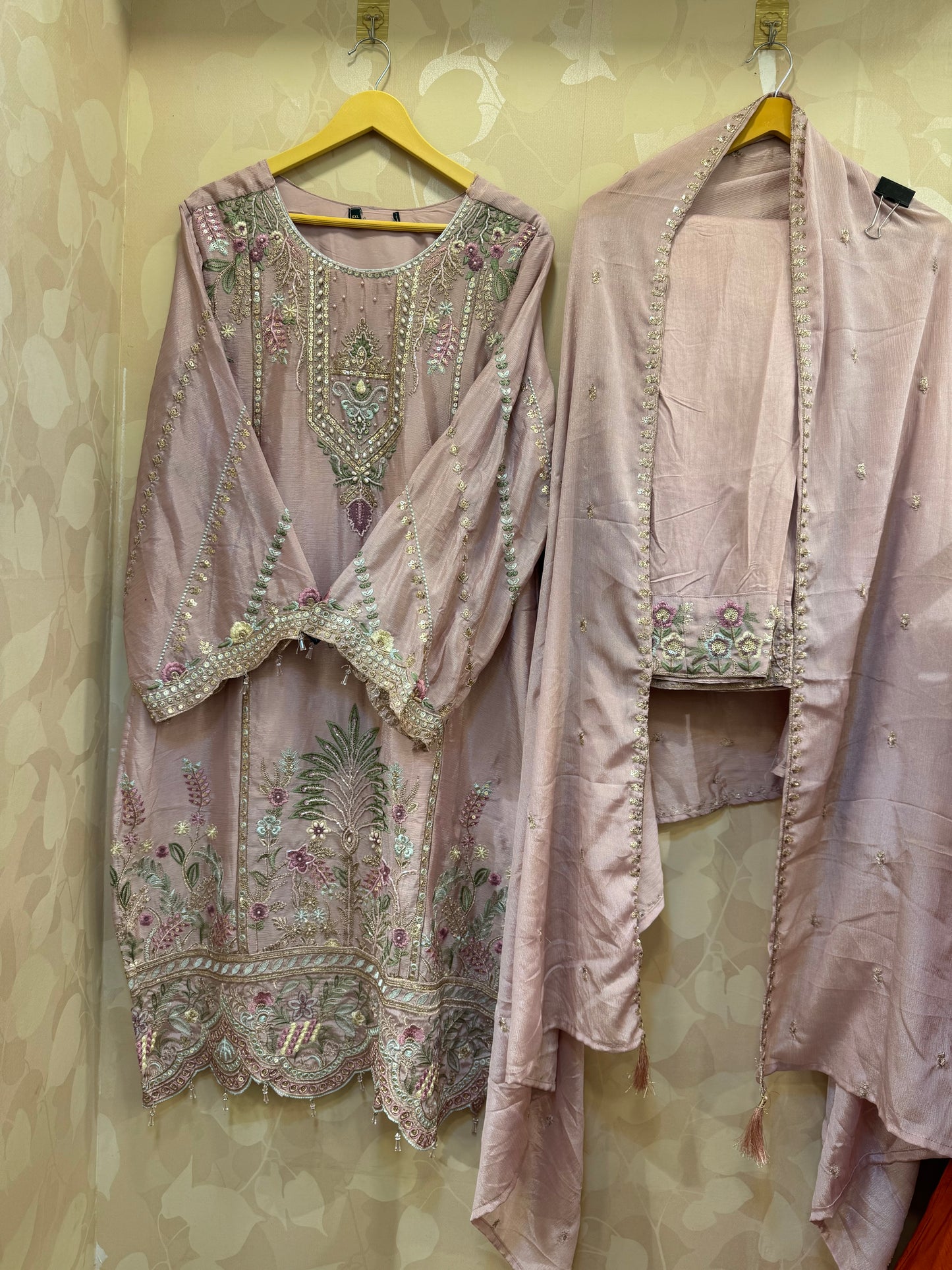 Gul – Pure Chinnon Embroidered Kurta Set (Onion Pink & Pista Green)