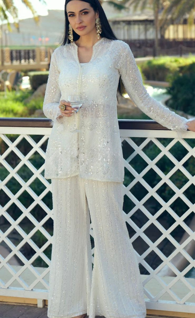 Aira Off-White Handcrafted Jacket Set | Pearl & Cutdana Work Bell Bottom Suit | Inara by Javed & Daughters
