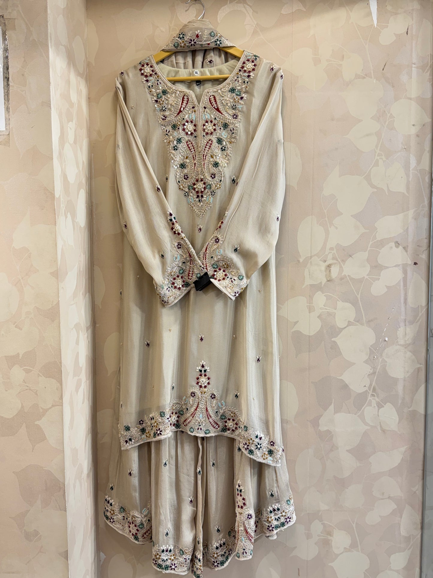 Regal Beige Pure Chinnon Gharara – Red & Green Resham Edit