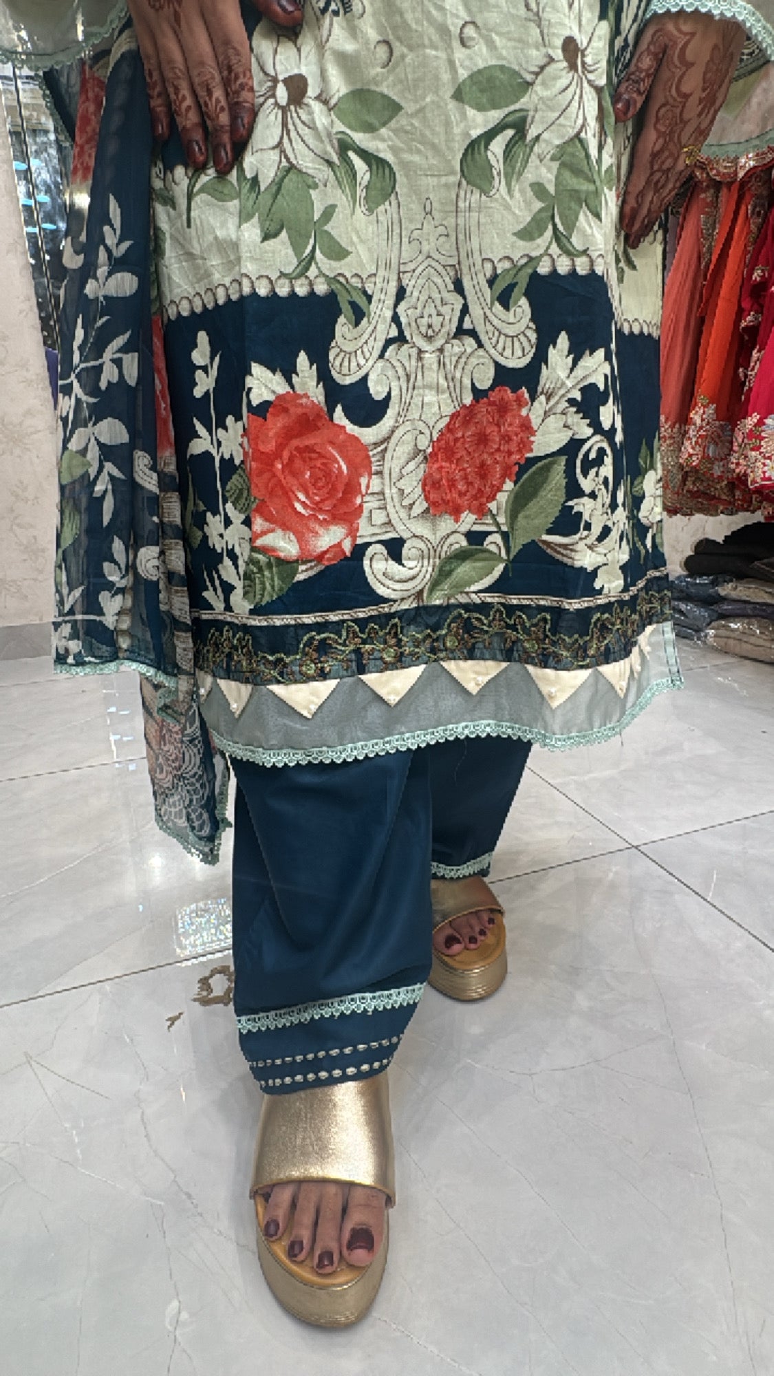 Midnight Teal Floral Lawn Suit with Intricate Neck Detailing & Printed Dupatta ( chiffon dupatta)